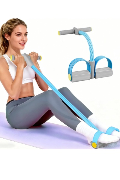 A split-view composition showing a model using a resistance pull rope exercise tool alongside a clean, isolated product shot on a white background.